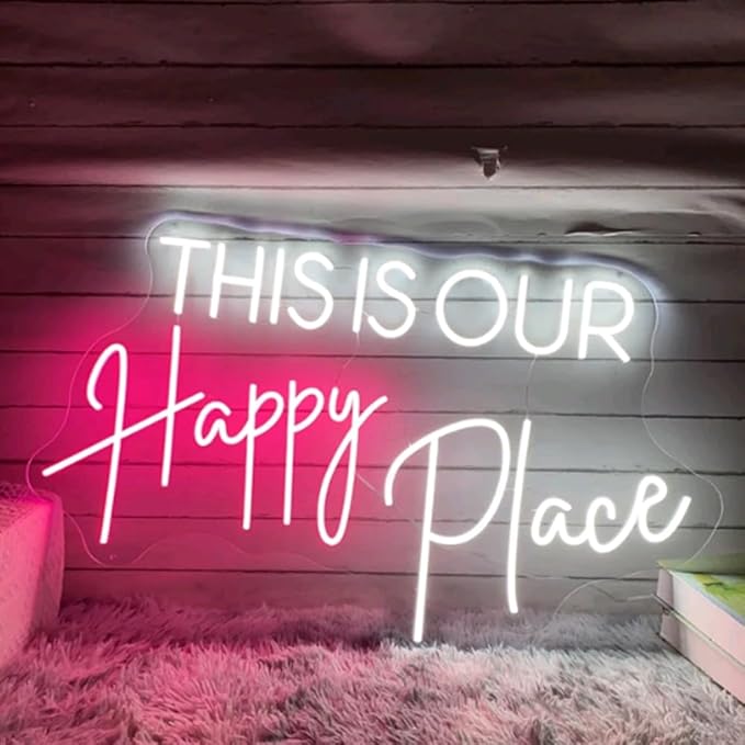 This Is Our Happy Place Neon Sign Custom Bedroom LED Neon Light Home Living Room Salon Wall Decor Wedding Party Decoration Personalized Gift USB Size:20x12inch