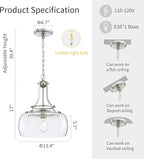 WUZUPS Chandelier Rustic Farmhouse Industrial Round Ceiling Pendant LED Light Fixture with Clear Glass Shades for Dining Room Kitchen Island Foyer Entryway, H 17" x W 13.4", E26 Base, Brushed Nickel