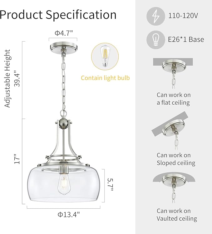 WUZUPS Chandelier Rustic Farmhouse Industrial Round Ceiling Pendant LED Light Fixture with Clear Glass Shades for Dining Room Kitchen Island Foyer Entryway, H 17" x W 13.4", E26 Base, Brushed Nickel