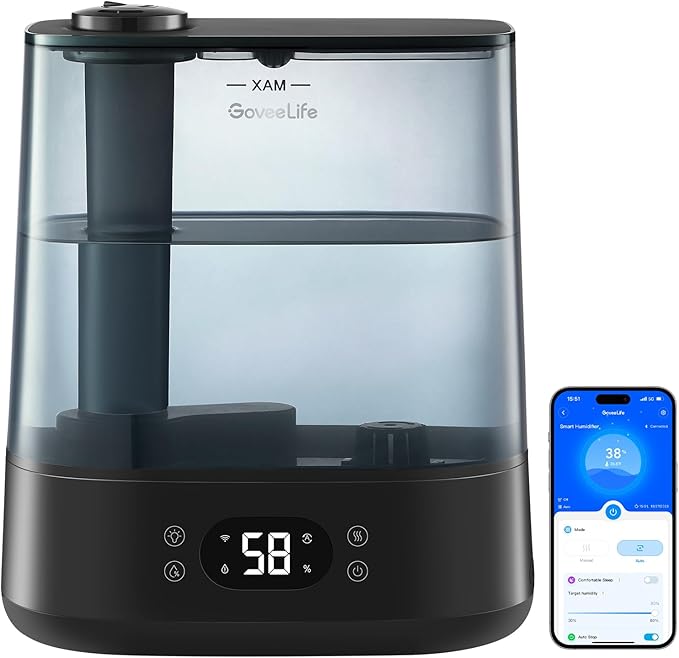 GoveeLife Smart Humidifiers for Bedroom, 6L Cool Mist Top Fill for Large Room, Humidity Sensor, Auto Mode, 60H Quiet Runtime, Schedule, WiFi Humidifier for Baby Plant, Compatible with Alexa, Black