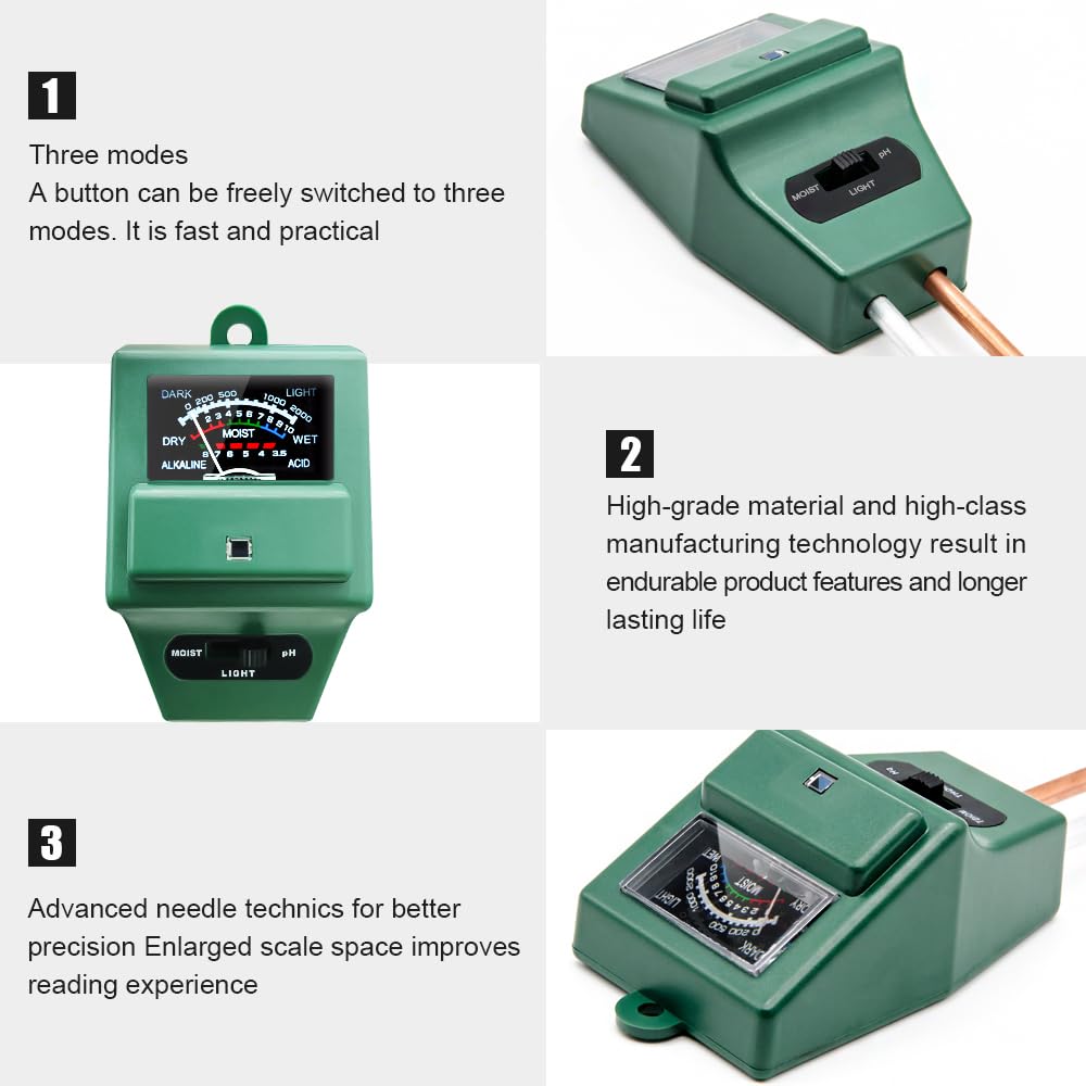 SONKIR Soil pH Meter, MS02 3-in-1 Soil Moisture/Light/pH Tester Gardening Tool Kits for Plant Care, Great for Garden, Lawn, Farm, Indoor & Outdoor Use (Green)