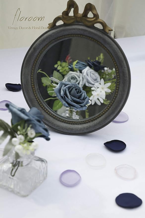 Floroom Artificial Flowers 25pcs Real Looking Blue Ombre Colors Foam Fake Roses with Stems for DIY Wedding Bouquets Bridal Shower Centerpieces Floral Arrangements Party Tables Home Decorations
