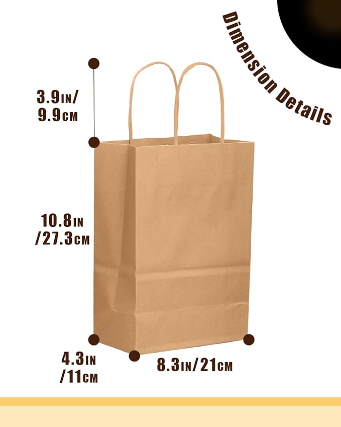 qiqee 100-Packs Brown Paper Gift Bags with Handles Bulk 7.6"x4.75"x10.5" Medium Size Gift Bags Multiple Uses