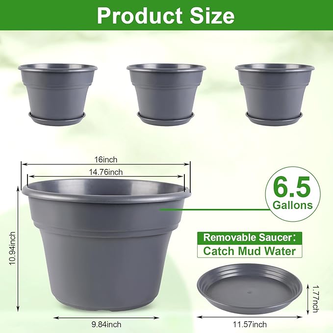 16-inch-Plant-Pots, 4 Pack Large Planters for Outdoor Plants, Plastic Flower Pots Indoor with Drainage Holes & Trays, Classic Garden Pot Container for House