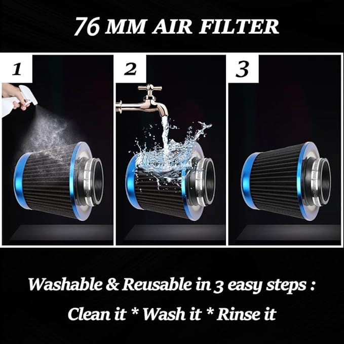 Cold Air Intake Filter, High Performance, Washable Filter, Clamp-On Replacement Air Filter, Flange Diameter 3inch/76mm Black