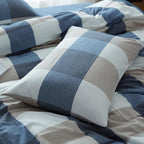 FACE TWO FACE Bedding Duvet Cover Set100% Washed Cotton Duvet Cover Linen Like Textured Breathable Durable Soft Comfy (King, Blue and White Grid)