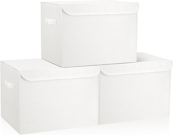 Large 17" 42 Quarts Collapsible Stackable Storage Bins with Lids [3-Pack] Foldable Fabric Linen Storage Boxes Cube, Closet Organizer Baskets with Label (16.7 x 12 x 12", White)
