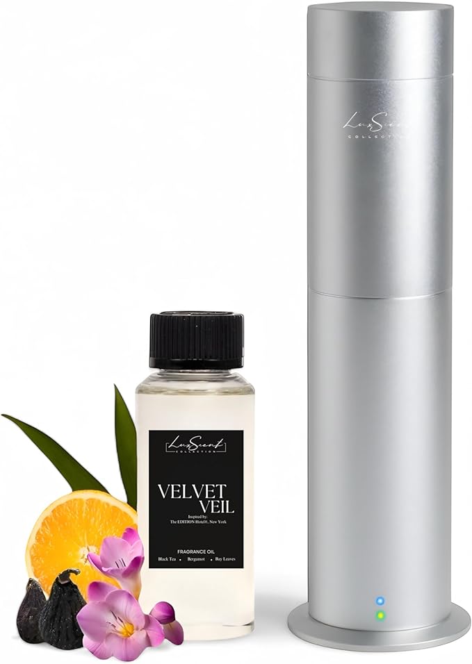 Aroma Scent Diffuser Starter Kit for Up to 1000SQ. FT. Coverage - 120ML Waterless Essential Oil Scent Included - Luxury Aroma Diffuser Ideal for Home, Office & Hotel (Silver, Velvet Veil)