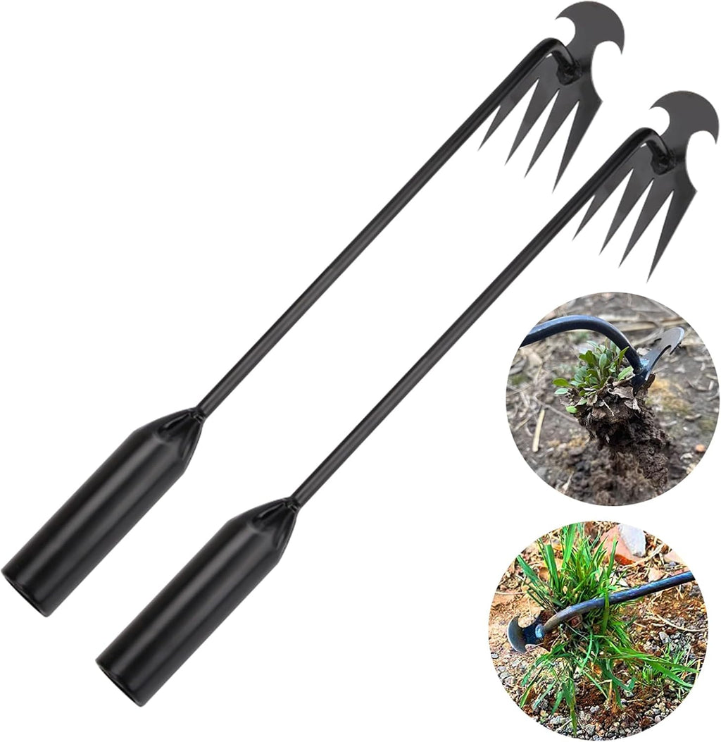 WMM Weed Puller Tool Gardening Tools Set of 2 Uprooting Weed Pulling Tool, 4 Teeth Manganese Steel Forged Weeding Tool for Vegetable, Portable Hand Weeder Tool for Garden Farm Planting Weeding