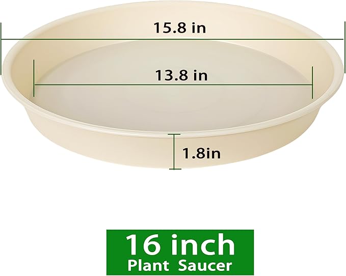 4 Pack of 16 inch Plant Saucer (13.5" Base), Heavy Duty Plant Tray for Pots, Flower Water Trays for Indoors, Bird Bath Bowls, Plant Drip Saucers for Planter 14"/15"/16" (Beige)