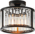 Black Flush Mount Ceiling Light, 2- Light Caged Crystal Chandelier, Small Drum Hallway Light fixtures Ceiling Mount (8.6 INCH Black)