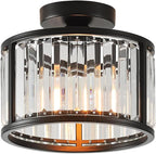 Black Flush Mount Ceiling Light, 2- Light Caged Crystal Chandelier, Small Drum Hallway Light fixtures Ceiling Mount (8.6 INCH Black)