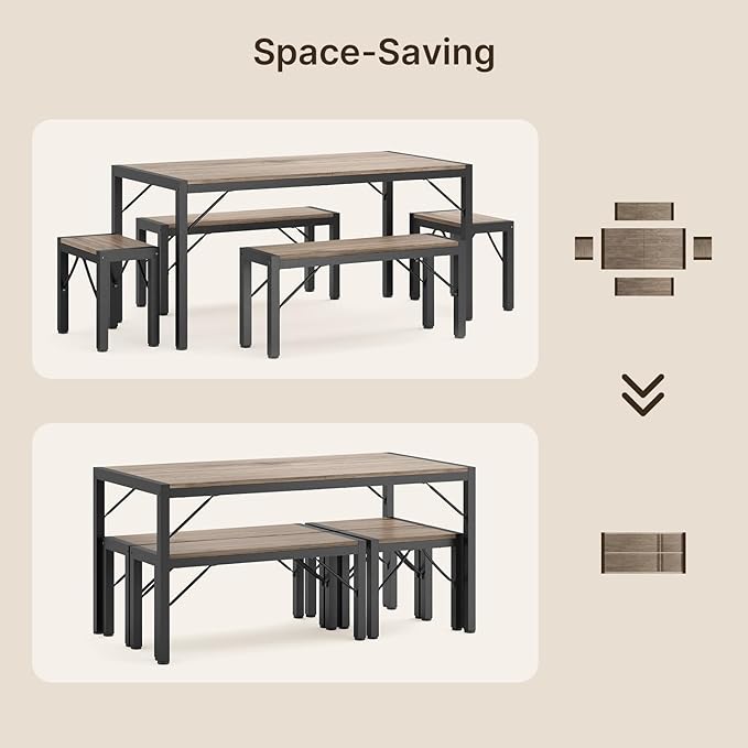 Gizoon 63" Dining Room Table Set for 6, Kitchen Table with 2 Benches and 2 Stools, Dining Table Set with Metal Frame, Space-Saving Kitchen Table Set for Apartment, Grey