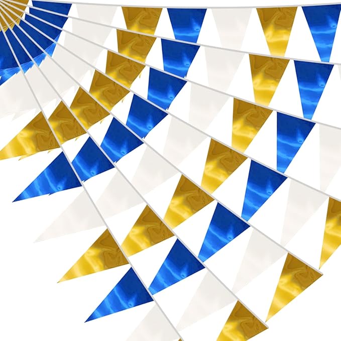 130FT Navy-Blue White Gold Triangle Pennant Banner Flag Metallic Fabric Bunting Garland for Christmas Graduation Retirement Birthday Wedding Bridal Shower Nautical Ahoy Achor Party Decorations Supply