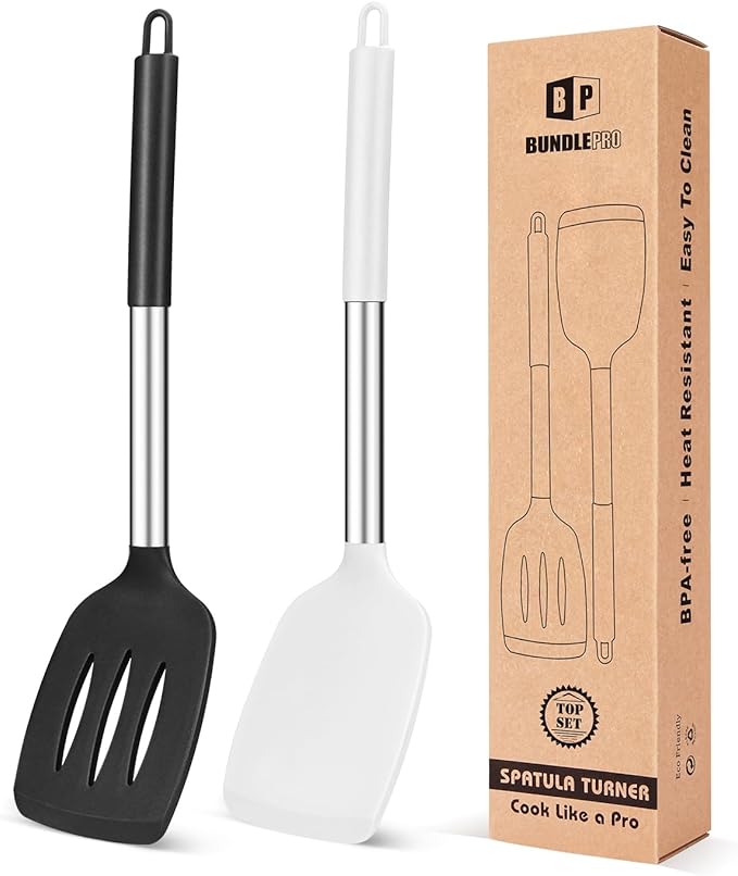 Pack of 2 Silicone Solid Turner, Non Stick Slotted Kitchen Spatulas, High Heat Resistant BPA Free Cooking Utensils, Ideal Cookware for Fish, Eggs, Pancakes(Black-White)