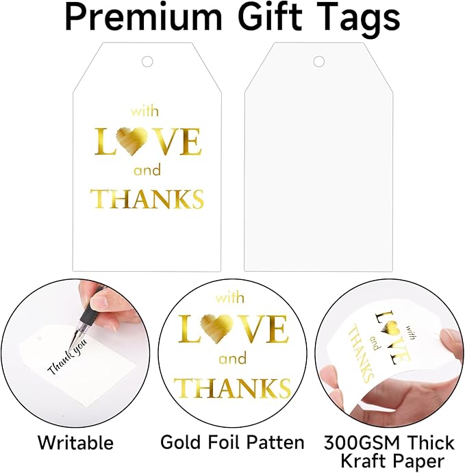 joycraft 50PCS Gold Foil Thank You Tags with String – White Gift Wrapping Hangtags, Paper Hang Tags for Wedding, Baby Shower, for Guests, Favor Hangtags