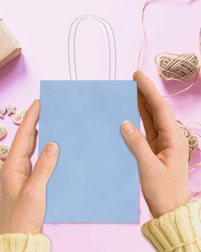 Bakepacker 100 Pcs Light Blue Mini Paper Gift Bags with Handles 6"x4.5"x2.5" Party Favor Bags Multiple Uses (Mini size)