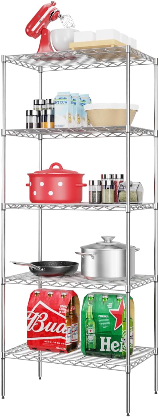 5 Tier Layer Rack Metal Shelf Commercial Storage Shelves for Storage Heavy Duty Metal Storage Shelves Durable and Versatile Storage Solution for Restaurant Garage Pantry Bathroom Office Kitchen