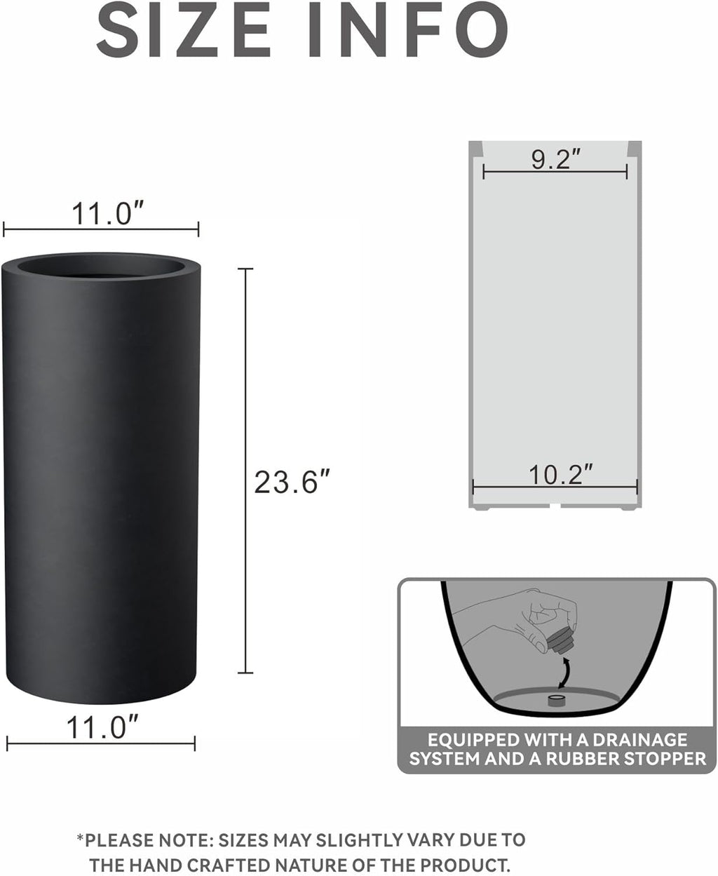 Kante 23.6 Inch Tall Cylindrical Planter, Large Round Plant Pots with Drainage Hole, Made with Concrete, Suitable for Indoor Outdoor Plants, Home Decor, Black