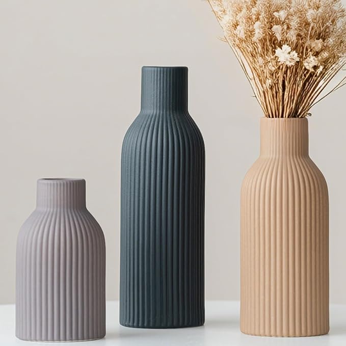 Modern Ceramic Vases Set of 3, Black Ribbed Decorative Vases, Shelf Table Centerpiece for Home Decor (Black Mix)