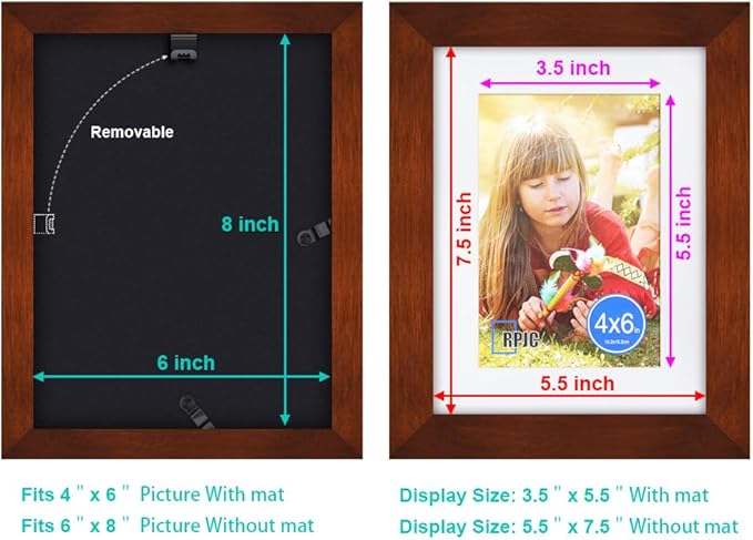 RPJC 6x8 inch Picture Frame Made of Solid Wood and High Definition Glass Display Pictures 4x6 with Mat or 6x8 Without Mat for Wall Mounting Photo Frame Brown