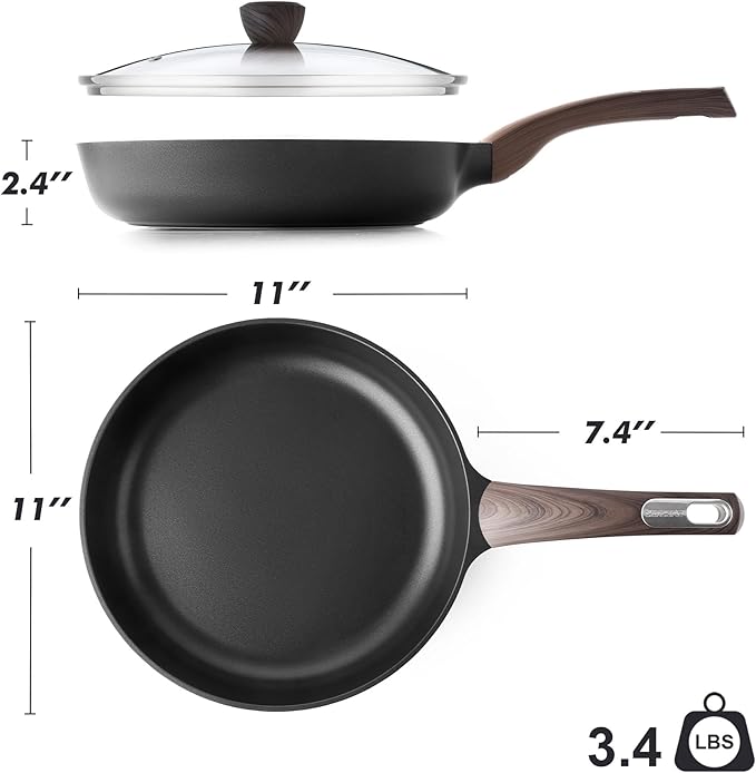 SENSARTE Nonstick Frying Pan Skillet with Lid, 11inch Non Stick Pan Omelette Pans, Healthy Kitchen Cooking Chef's Pan with Cover, Free of Intentionally Added PFOA/PFOS, Induction Compatible, Black