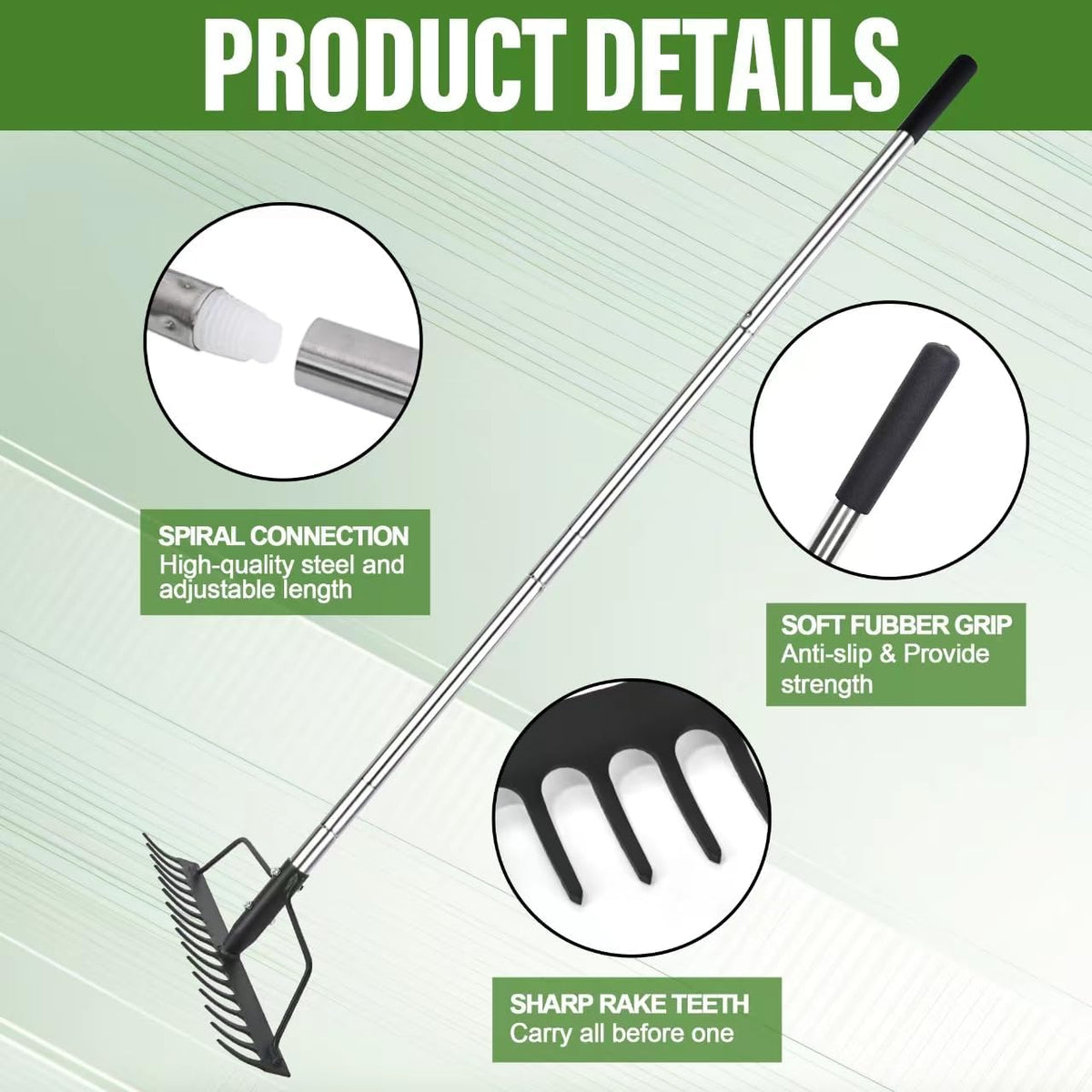 15 Inch Wide Bow Rake, 16 Steel Tines Metal Head Rake Tool with Stainless Steel Handle, Adjustable Long Handle Garden Rake for Loosening Soil Leveling Mulch Gathering Lawns Leaves