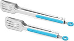 Premium 304 Stainless Steel Barbecue Turners, Heavy Duty Non-Stick BBQ Cooking Kitchen Tongs, 9" and 12" Blue