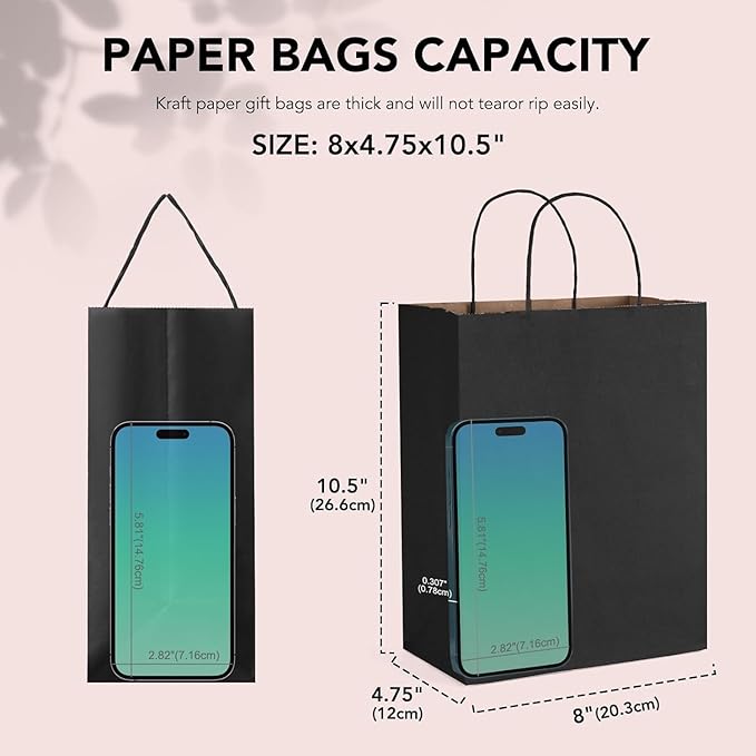 METRONIC Kraft Paper Gift Bags with Handles 8x4.75x10.5 Inch 12000 Pack | Christmas, Birthday Party Favors, Retail Shopping, Small Business Bulk | Black Gift Wrap Bag