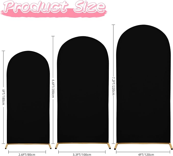 Wedding Arch Covers Arch Backdrop Cover Arch Stand Covers 7.2FT 6.6FT 6FT Set of 3 Arch Cover Spandex Fabric Stretchy Backdrop for Wedding Birthday Party Decoration Baby Shower (Black, Cover Only)