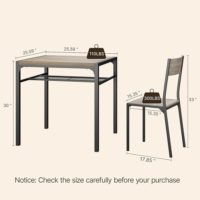 Gizoon Dining Table Set for 2, 3 Piece Kitchen Table with 2 Chairs for Small Space, Apartment, Kitchen, Dining Room, Space-Saving