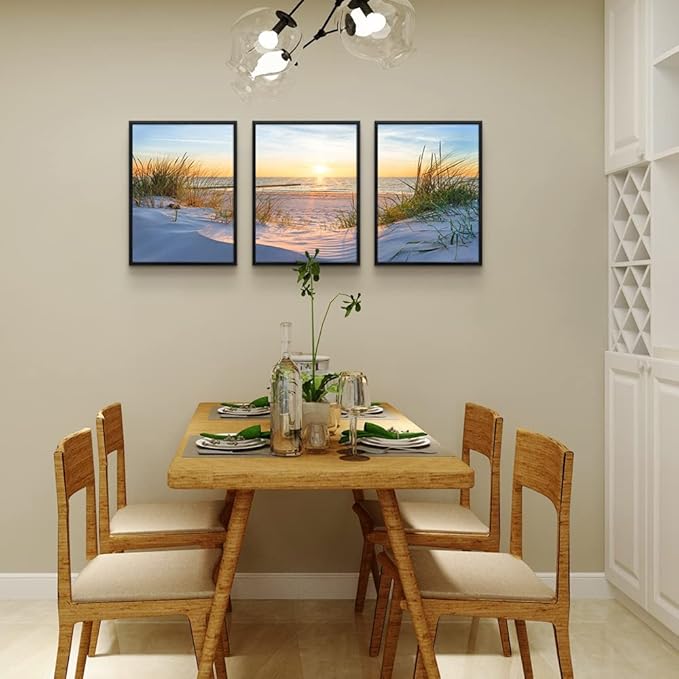 Black Framed Beach Wall Art Set - Blue Seascape Paintings for Living Room, Bedroom & Office - 12"X16" Each