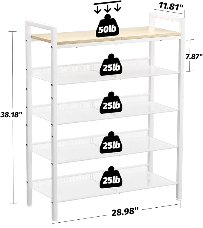 Shoe Rack for Front Door Entrance, 5 Tier Shoe Rack for Entryway, 16-20 Pairs of Shoes, Metal Shoe Racks Organizer, Free Standing Shoe Racks for Closet, Garage, Outdoor (White+Beige)