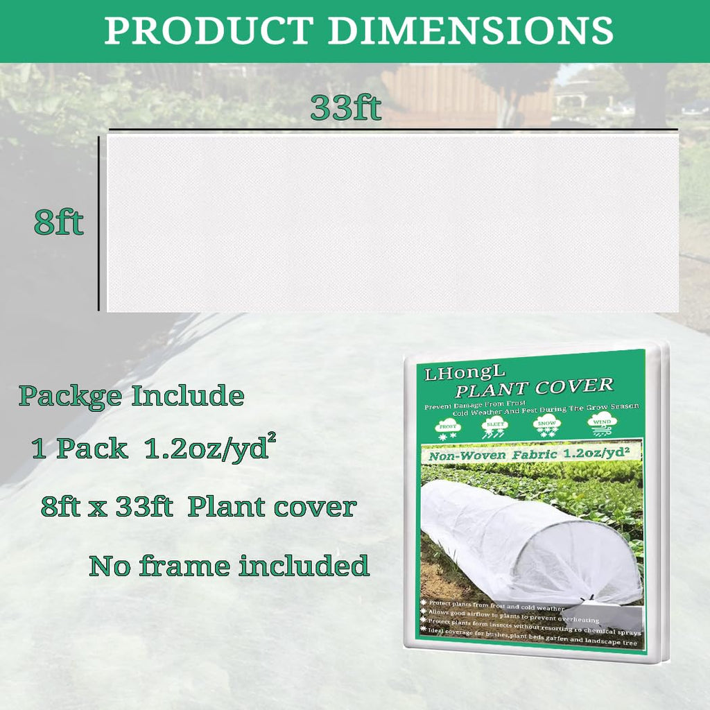 LHongL Plant Covers Freeze Protection with Ultra Fine Mesh Reusable Floating Row Cover for Plants Vegetables Flowers Fruits Frost Sun Protection 1.2oz/yd² (8x33ft)