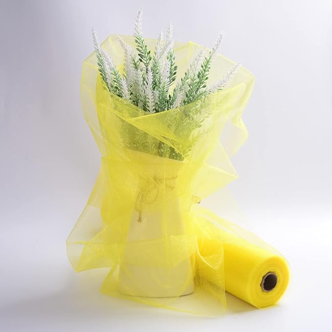 Crystal Organza Fabric Tulle - 16" by 50 Yards Sheer Fabric for Wedding Party Decoration Bridal Shower Tutu Roll Netting Spool Ribbon Wrapping (Yellow)