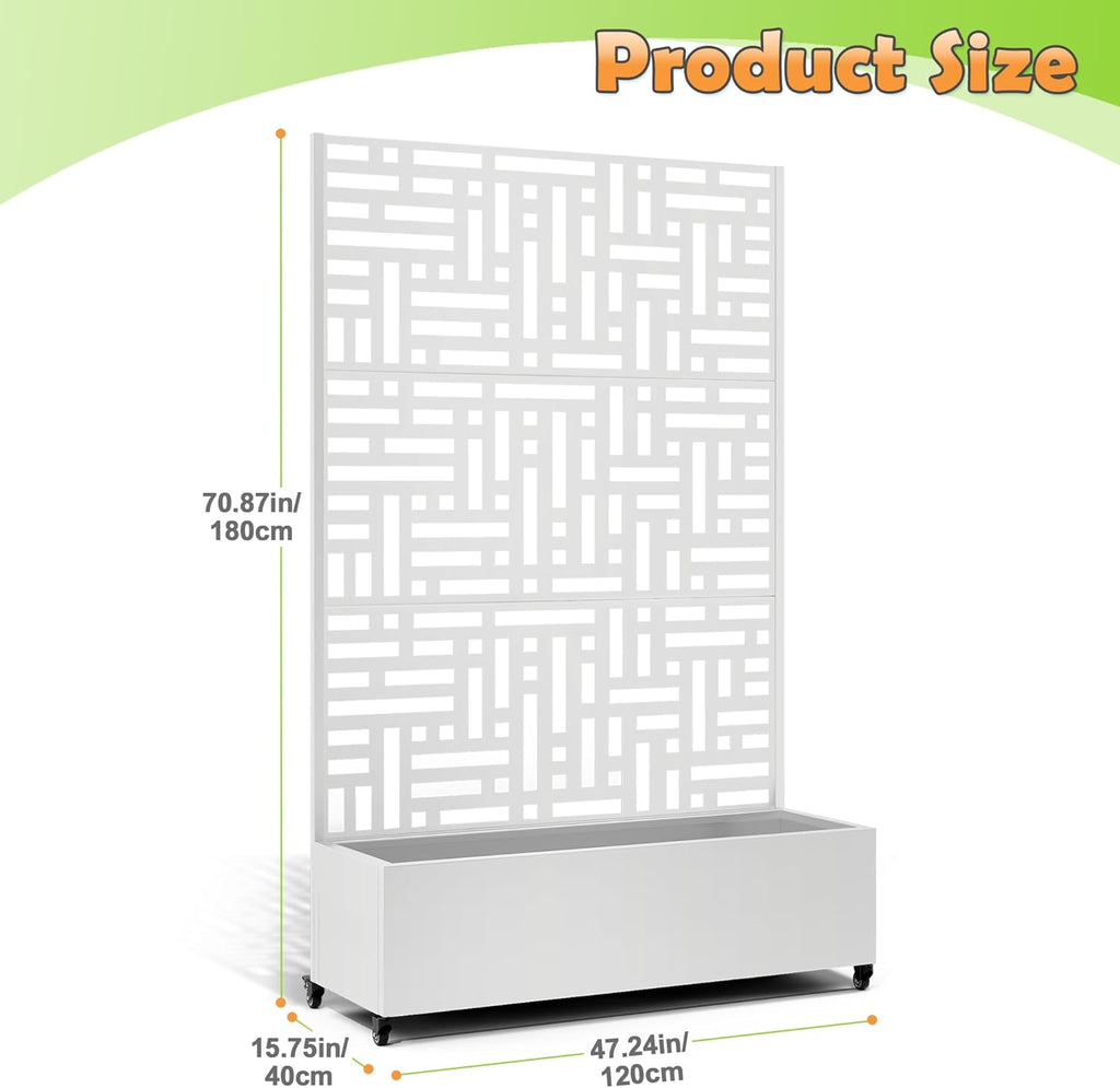 Metal Raised Garden Bed with Trellis, 2-in-1 Planter Box & Privacy Screen for Climbing Plants, Outdoor Standing Flower Bed with Drainage Holes, 47.2" L x 16.7" W x 70.8" H, White-Helen
