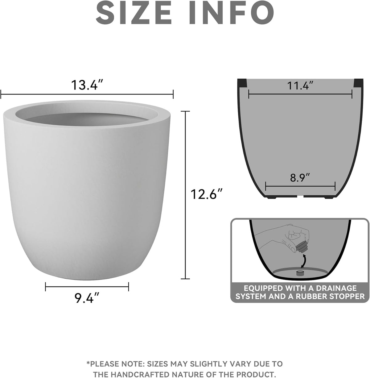 Kante 13.4" Dia Round Concrete Planter, Large Outdoor Modern Indoor Decorative Plant Pots with Drainage Hole and Rubber Plug for Home and Garden, Pure White