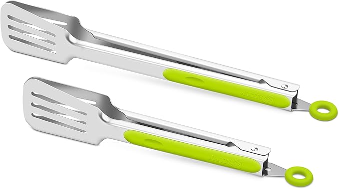 Premium 304 Stainless Steel Barbecue Turners, Heavy Duty Non-Stick BBQ Cooking Kitchen Tongs, 9" and 12" Green