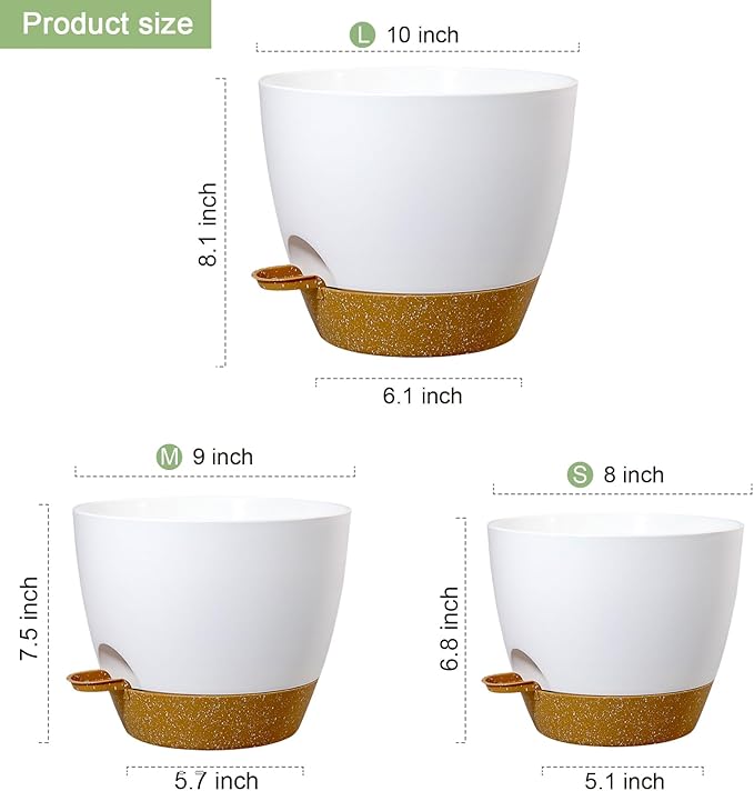 10/9/8 inch Medium Self Watering Pots, Planter, Plant Pots with Mesh Drainage Holes for Indoor Outdoor Garden Plants, Plastic Flower Pots with Removable Deep Reservoir, White with Brown