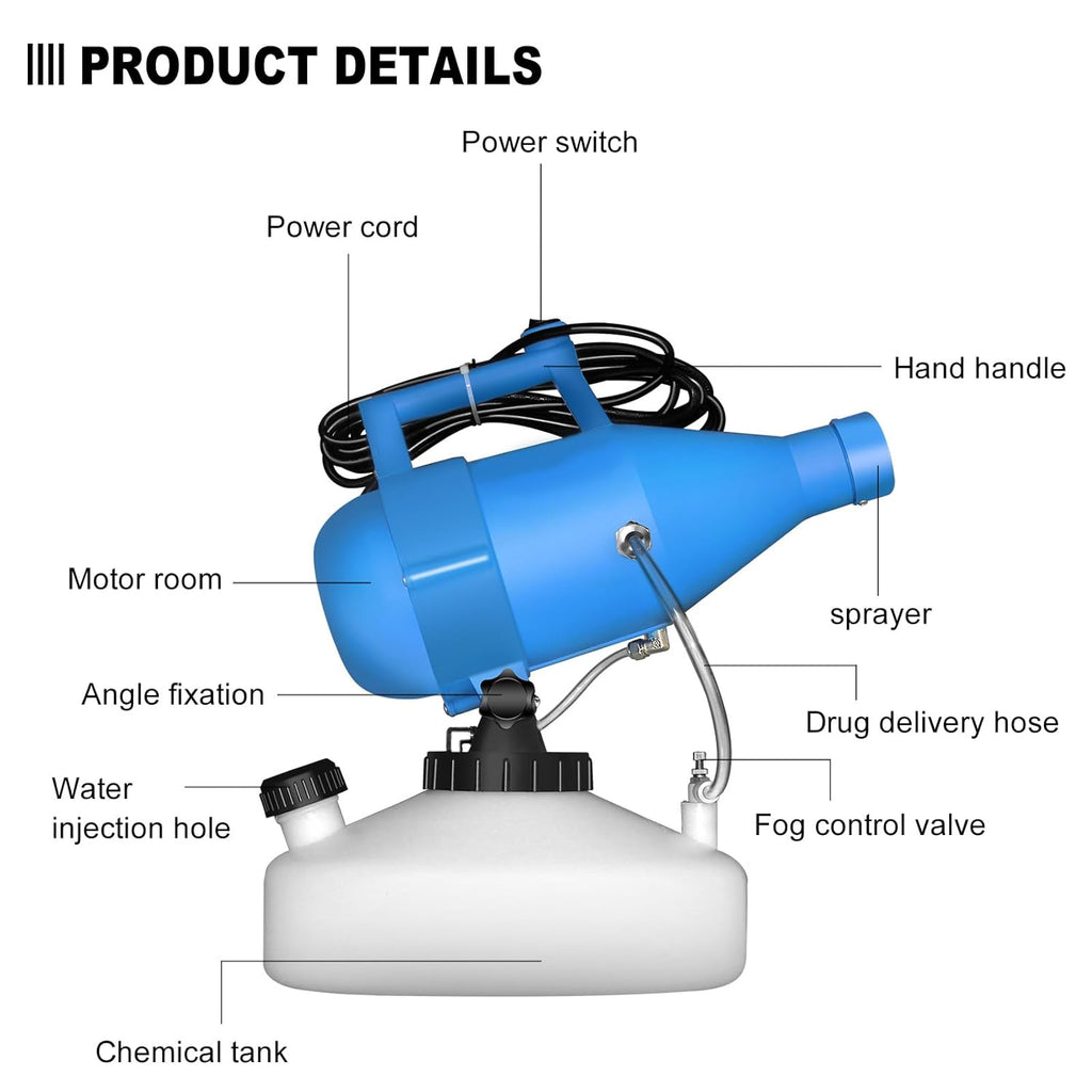 4.5L(1.2Gallon) Portable Electric ULV Fogger Sprayer, 26-32ft Spraying Distance Atomizer Mist Rate 150-260ml/min Cold Fogger Machine, for Home,Hotel,Church,School,Lawn,Yard,Garden