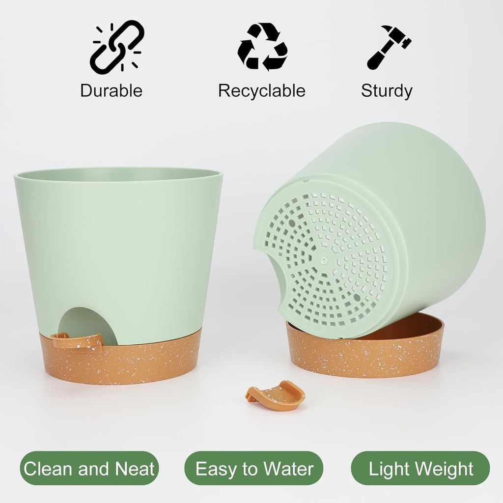 8-Inch Plant Pots, Self-Watering Planters with Drainage Holes & Saucers for Indoor and Outdoor Plants (2-Pack, Green)