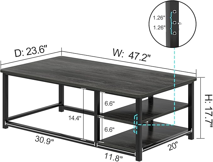 EXCEFUR Coffee Table, Rustic Wood and Metal Living Room Table with Adjustable Storage Shelf, Dark Grey, 47 Inch