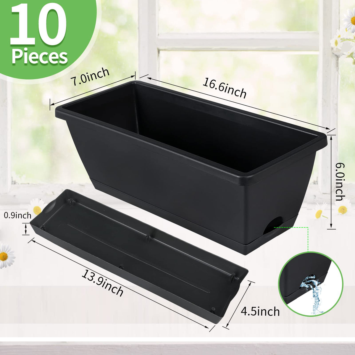 CHUKEMAOYI Window Box Planter, 10 Pack Plastic Vegetable Flower Planters Boxes 17 Inches Rectangular Flower Pots with Saucers for Indoor Outdoor Garden, Patio, Home Decor (Black)