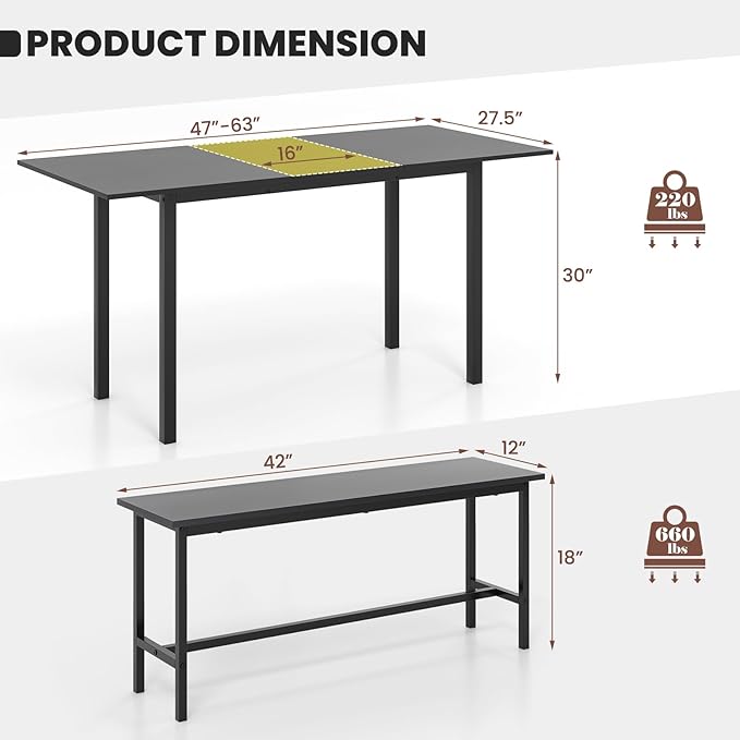 Giantex Dining Room Table Set for 4-6, 63” Extendable 3-Piece Dining Table Set with 2 Benches, Metal Frame, Dinette Table Set for Breakfast Nook, Kitchen Table Chairs (Black)