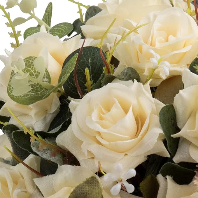 LESING Artificial Rose with Vase, Fake Silk Flowers Bouquets in Vase Table Centerpiece Arrangement for Kitchen Living Room(Champagne-1)