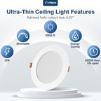 Amico 4 Pack 6 Inch 5CCT Ultra-Thin LED Recessed Ceiling Light with Junction Box, 2700K/3000K/3500K/4000K/5000K Selectable, 1050 Lumens, Dimmable Canless Wafer Downlight, 12W Eqv 110W-ETL&FCC