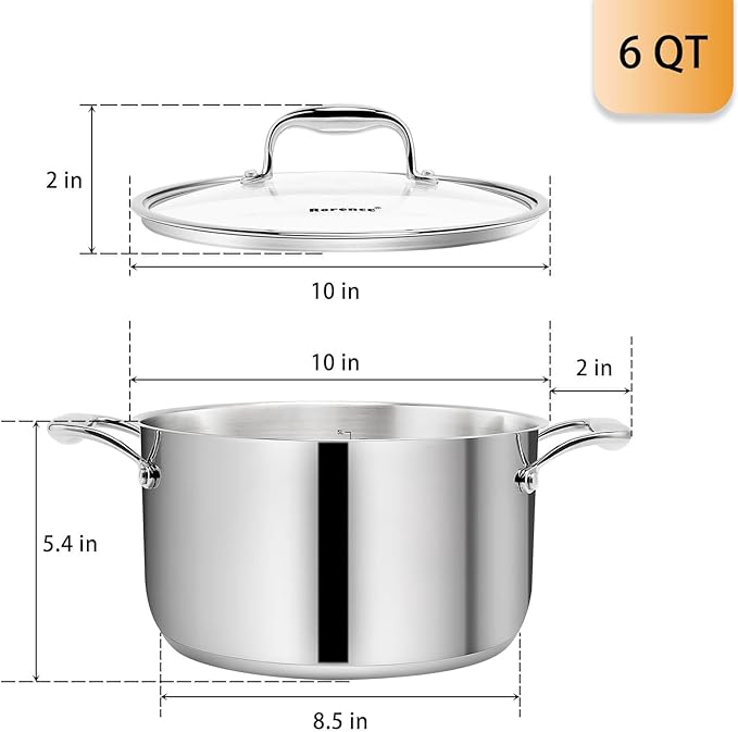 Rorence Stainless Steel Stock Pot: 6 Quart Stockpot with Stainless Steel Handles Capsule Bottom & Tempered Glass Lid …