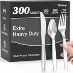 300 Count Extra Heavy Duty Silver Plastic Silverware, 100 Forks, 100 Spoons, 100 Knives, BPA-Free, Heat Resistant, Disposable Plastic Utensils Set, Plastic Cutlery Set, Plasticware Bulk