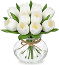 DILATATA Tulips Artificial Flowers in Vase White Fake Flowers Centerpiece with Glass Vase with Faux Water Faux Tulip Bouquet Floral Arrangement for Table Home Office Decor Wedding Thanksgiving