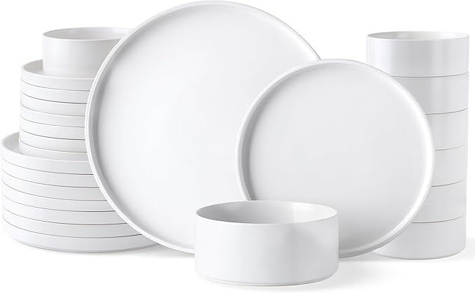 GBHOME Ceramic Dinnerware Sets for 8, Stoneware Plates and Bowls Sets, Chip and Scratch Resistant Dishes, Dishwasher & Microwave& Oven Safe Dishes sets, Reactive Glaze-White